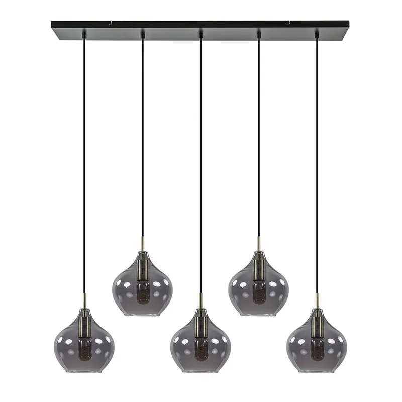 Weekendaanbieding 5-Lichts eettafelhanglamp Rakel antiek brass met smoke glas