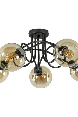 5-Lichts klassieke plafondlamp zwart met amber glazen bollen Speciale Aanbieding
