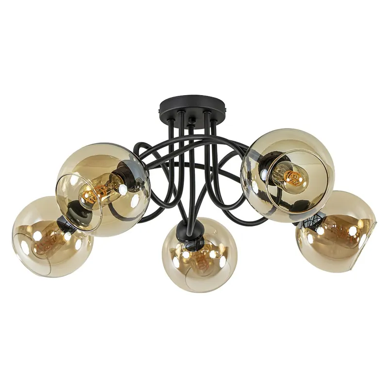 5-Lichts klassieke plafondlamp zwart met amber glazen bollen Speciale Aanbieding