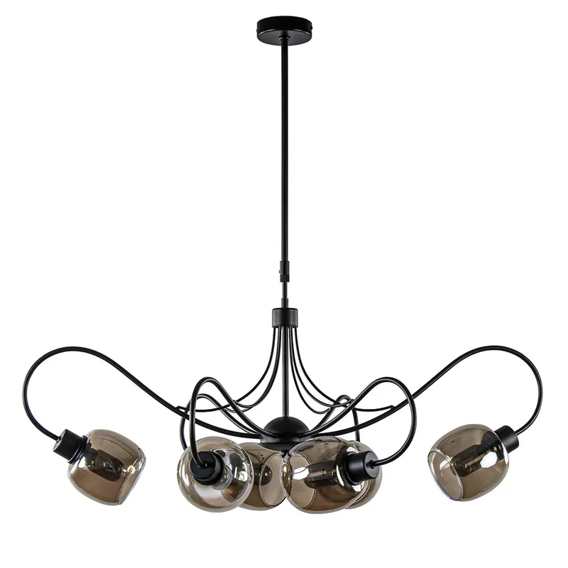 6-Lichts hanglamp mat zwart met smoke glazen kappen Nu Kopen