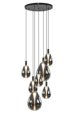 7-Lichts ronde LED hanglamp zwart met smoke glas Speciale Aanbieding