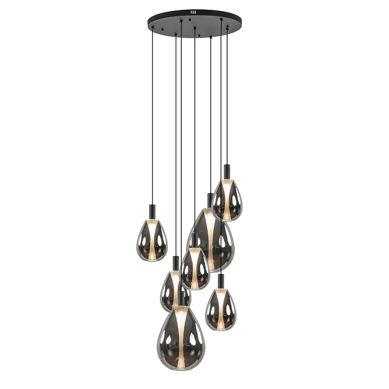 7-Lichts ronde LED hanglamp zwart met smoke glas Speciale Aanbieding