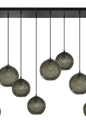 8-Lichts eettafelhanglamp zwart met smoke glazen kappen reliëf Gereduceerde Prijs