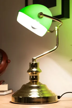 Flitsaanbieding Antieke messing metalen bureaulamp met groen glas