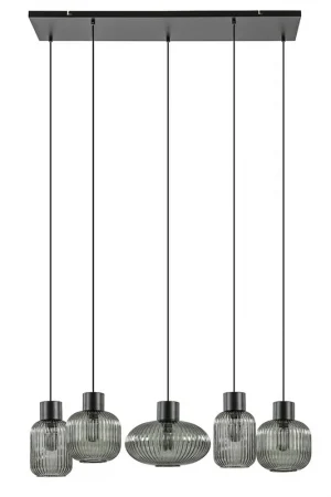 5-Lichts eettafelhanglamp geribbeld smoke glas met zwart Gratis Retour