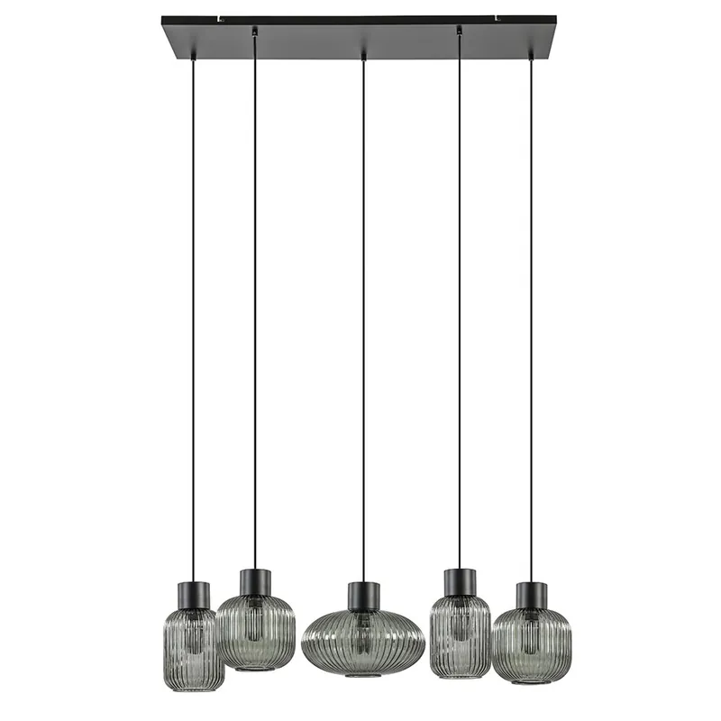 5-Lichts eettafelhanglamp geribbeld smoke glas met zwart Gratis Retour