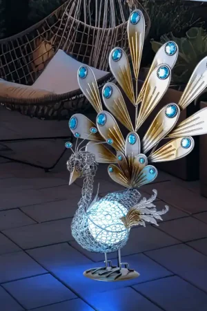 Beperkte Voorraad LED-zonnelicht, pauw, koper, decoratieve stenen, hoogte 56,8 cm