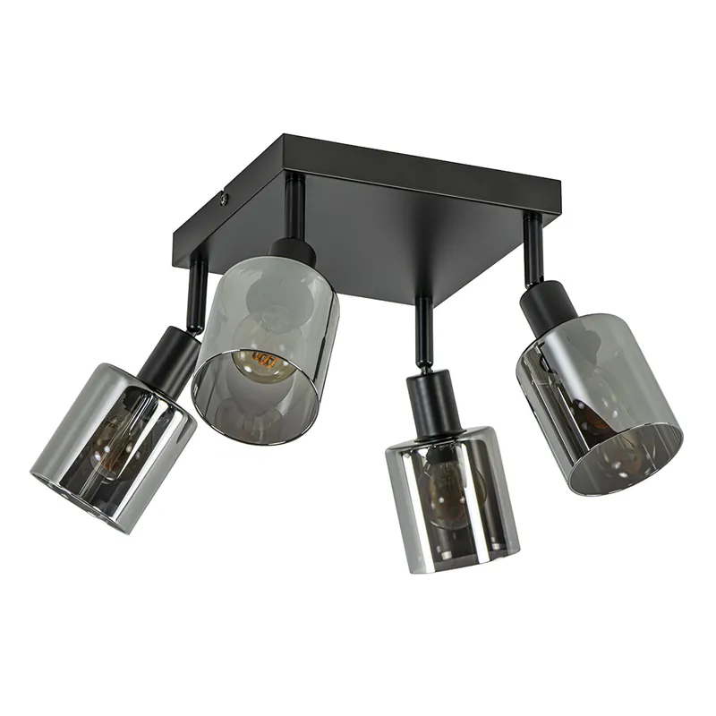 Chique 4-lichts plafondlamp zwart met smoke glas vierkant Populair