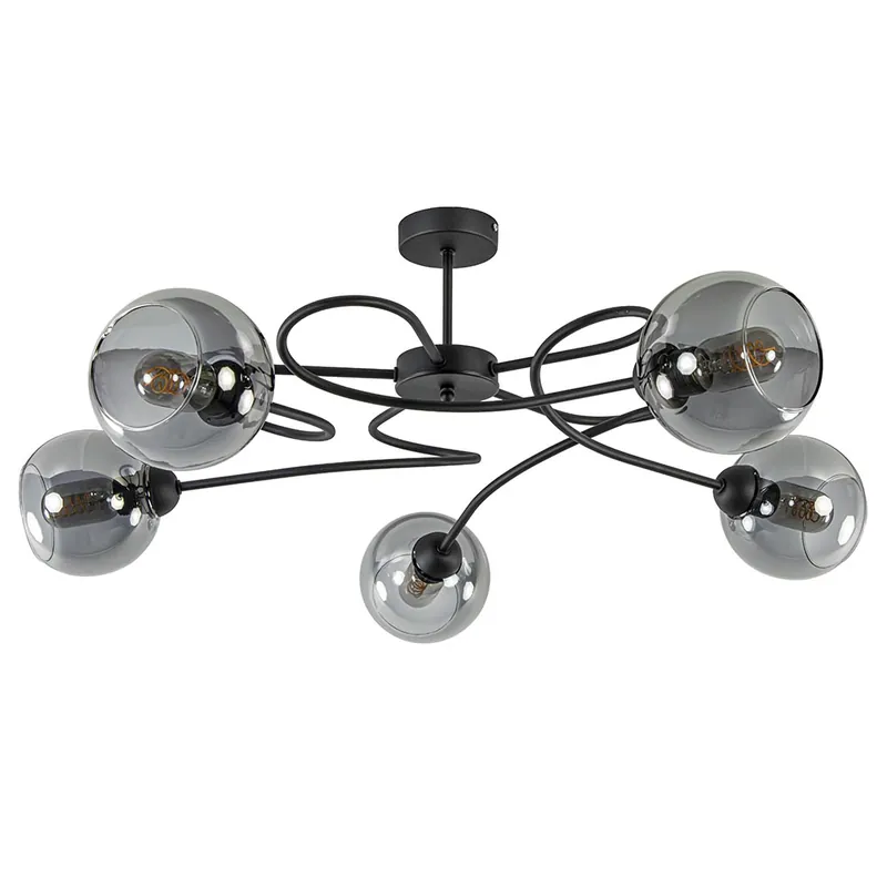 Chique 5-lichts plafondlamp zwart met smoke glazen bollen Populair