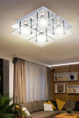Korting Plafondlamp, chroom, glas, witte strepen, L 21cm