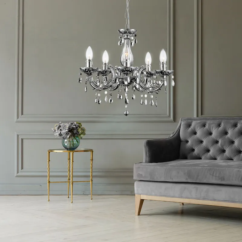 Alleen Vandaag Kroonluchter, kristallen kroonluchter, zilver, 5-lichts, H 128 cm