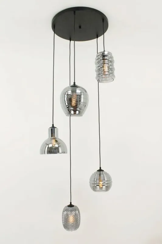 Hete Deal Zwarte hanglamp CLUSTER SMOKE 5-lichts rond 45 cm | Snoerlengte 350 cm