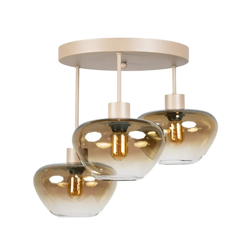 Genua plafondlamp met amber glas en beige zandkleurige plafondplaat 3-lichts Gratis Retour