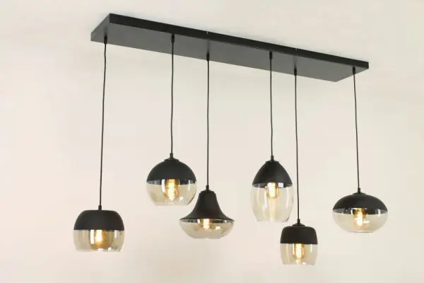Direct Verzonden Charmante 6-lichts glazen hanglamp PHILOU zwart / amber fumé | Brede balk 130 cm