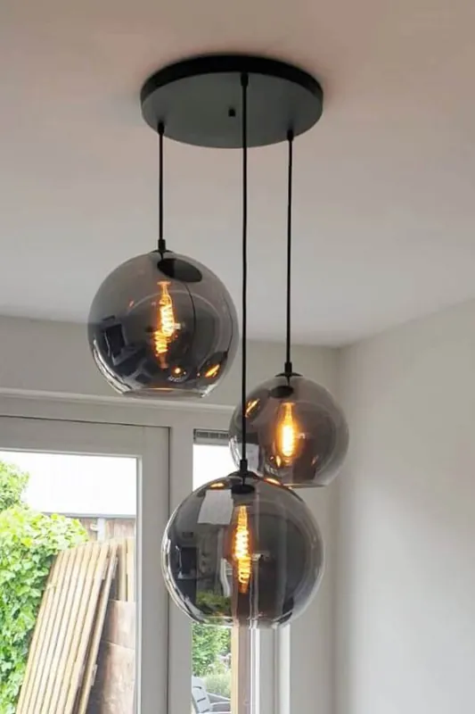 Seizoensaanbieding 3-lichts hanglamp BALLOON I metallic smoke zwart | Ronde plafondplaat 35 cm