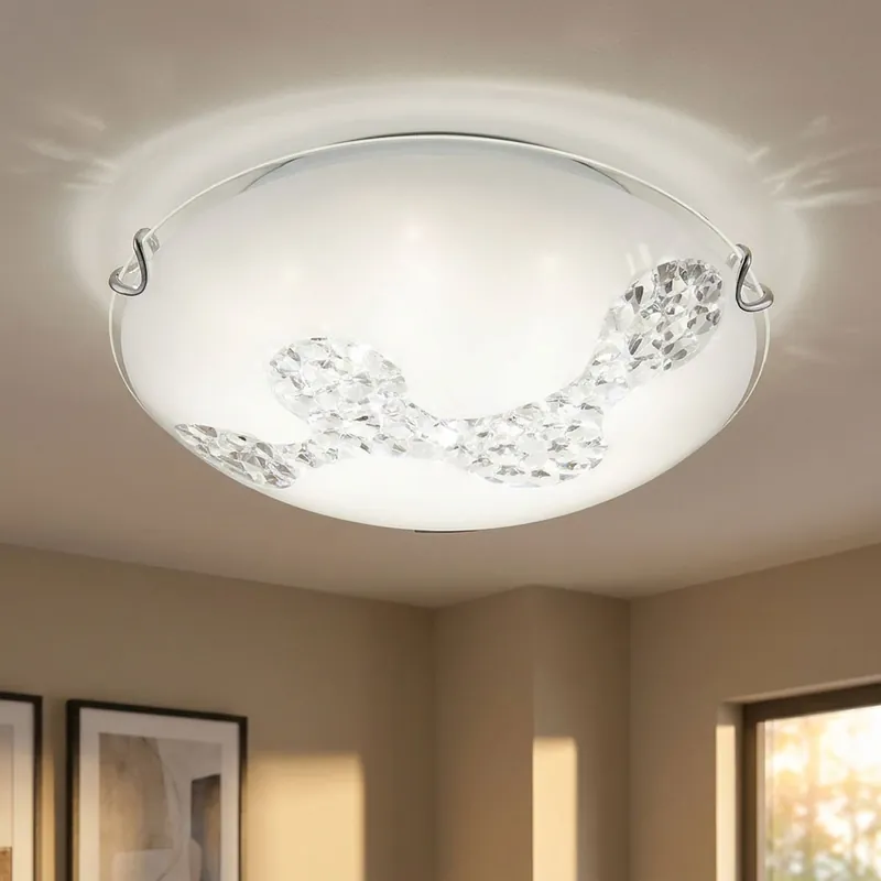 Snelle Levering LED plafondlamp, gesatineerd glas, kristallen D 25 cm