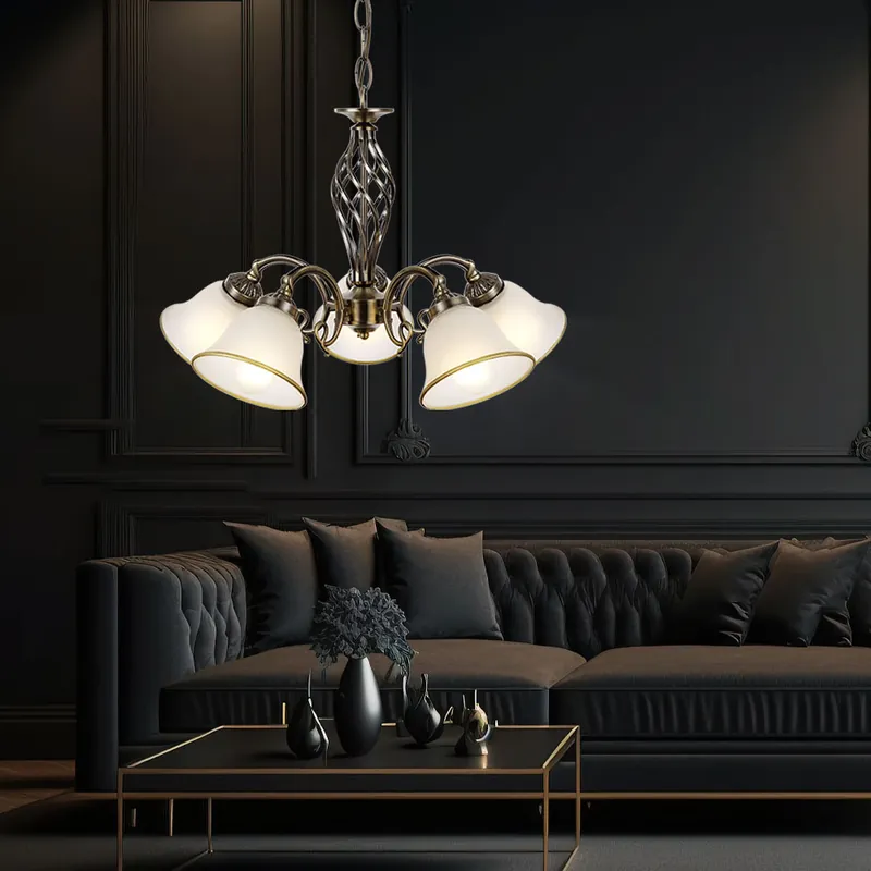 Populair Hanglamp, kroonluchter, antiek messing, 5-vlam, D 60 cm