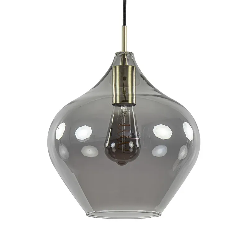 Flitsaanbieding Hanglamp Rakel 27cm antiek brass+smoke glas