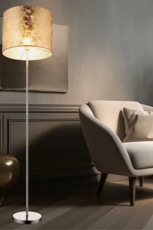 Beperkte Voorraad Staande lamp, goud textiel, mat nikkel, H 160 cm