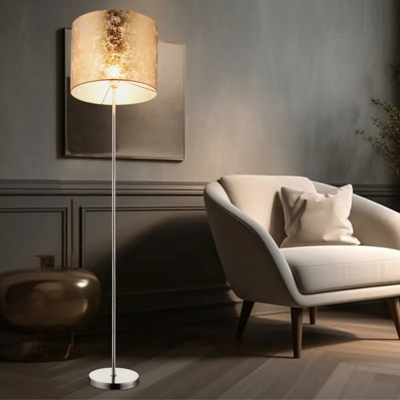Beperkte Voorraad Staande lamp, goud textiel, mat nikkel, H 160 cm
