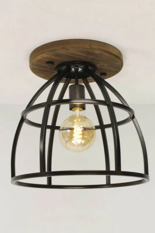 Industriële plafondlamp MATRIX BIRDIE XL zwart/hout | Ø 35 cm Direct Beschikbaar