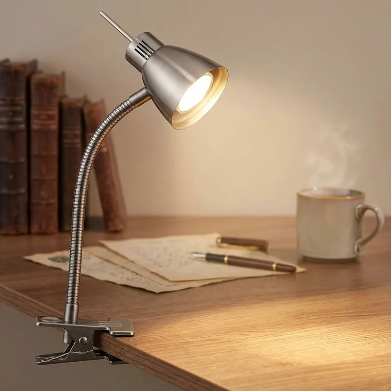 LED-klemlamp, zilver, flexo arm, max. hoogte 38 cm, NUOVA Gratis Retour