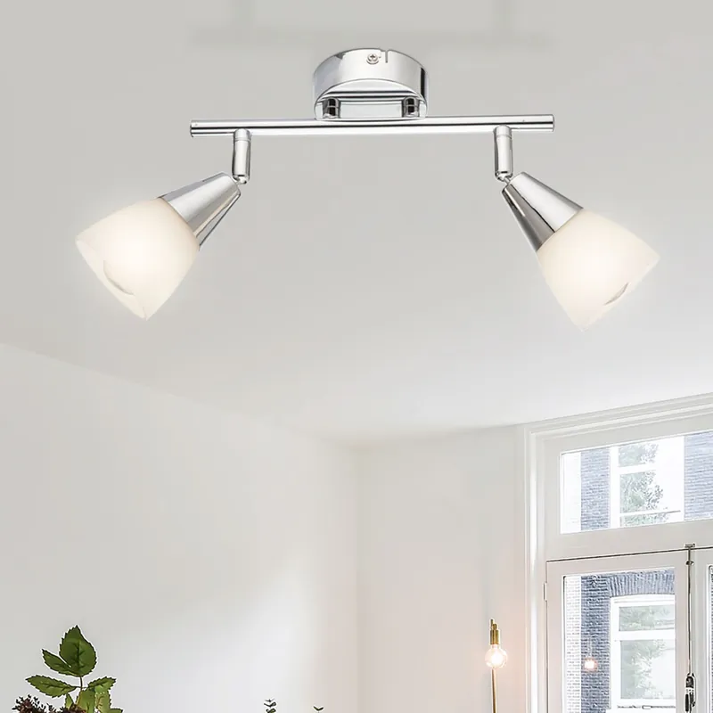 Plafondlamp, metaal, chroom, glas, opaal, beweegbare spots Direct Verzonden