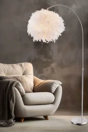 Staande lamp, zilver, donzen kap, in hoogte verstelbaar, H 196 cm Korting