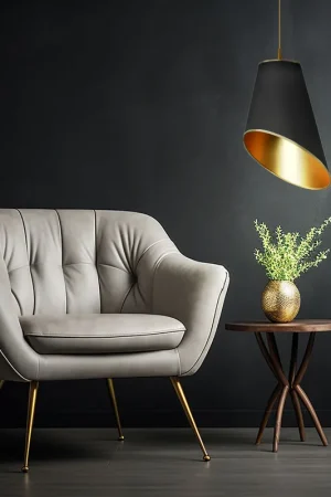 Hanglamp, stof, zwart, goud, 30 cm, FOGLIE DI SOLE Betrouwbaar