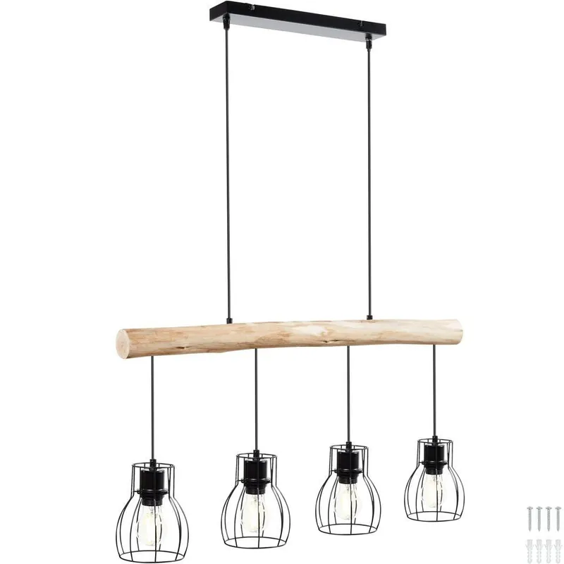 Hete Deal tectake Hanglamp Woody, 4-lichts, met houten balk, 40 W, Zwart/Bruin