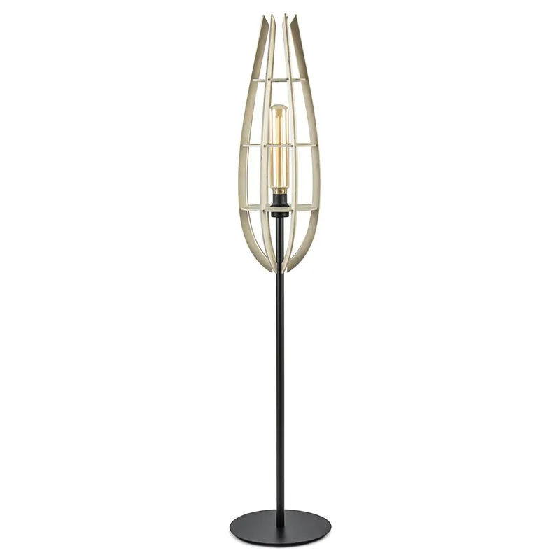 Mat zwarte vloerlamp met houten kap naturel Op = Op