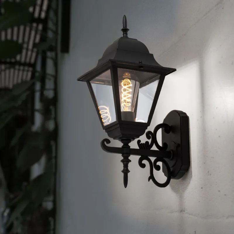 Wandlamp, landhuisstijl, zwart aluminium, helder glas Beste Prijs