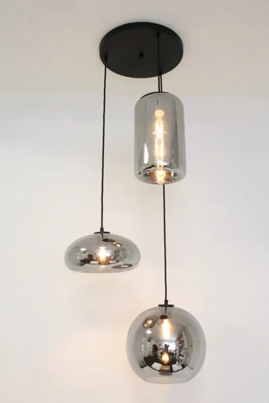 Voordeelprijs 3-lichts hanglamp BY EEFFY II metallic smoke zwart | Ronde plafondplaat 35 cm