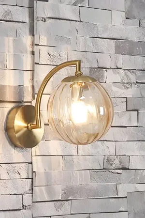 1-Licht Gebogen Arm Wandlamp met Bolvormige Ribbelglas Kap Tijdelijk Beschikbaar