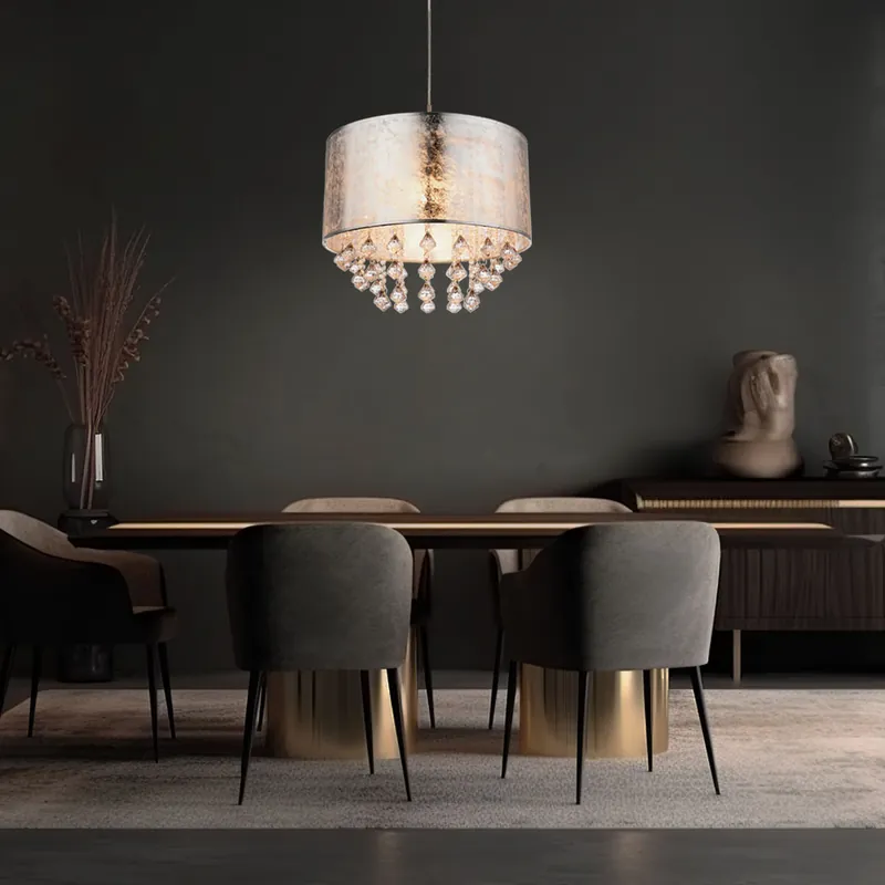 Hanglamp, kristallen, kap van textiel, zilver, H 140 cm, AMY Laatste Versie