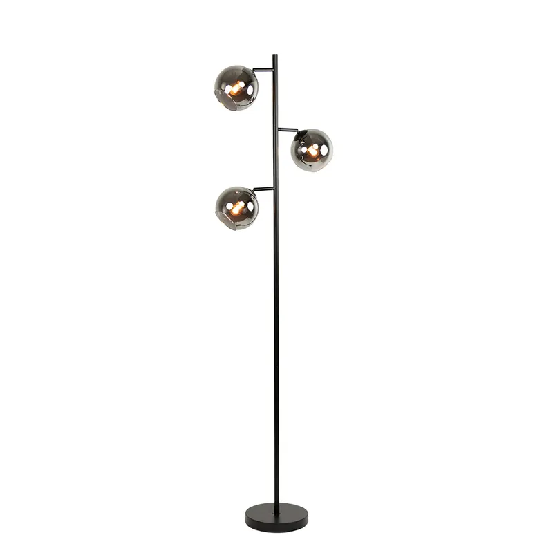 Moderne vloerlamp 3-lichts zwart met smoke glazen bollen Koopje