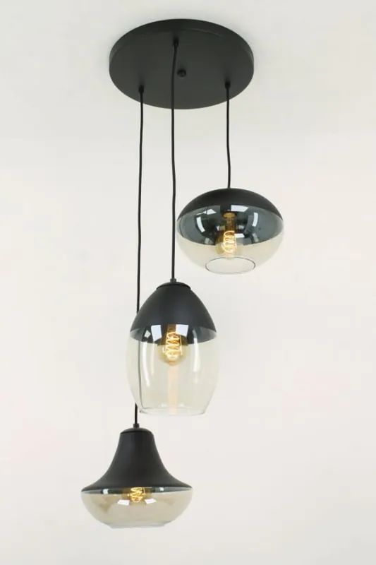 Veilige Betaling Charmante 3-lichts glazen hanglamp PHILOU zwart / amber fumé | Ronde plafondplaat 35 cm