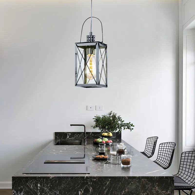 Direct Verzonden Hanglamp, lantaarn ontwerp, glas, helder, chroom, H 110 cm