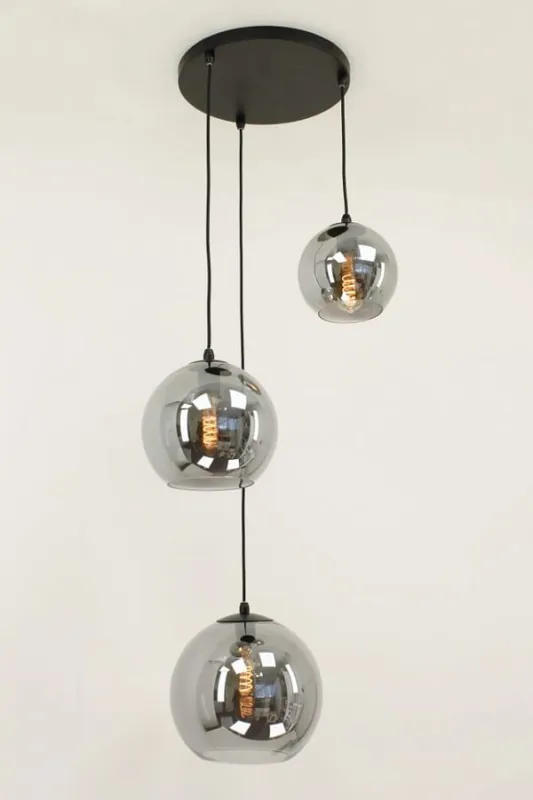 Hete Deal 3-lichts hanglamp SACORRO metallic smoke zwart rond | 3 maten glas