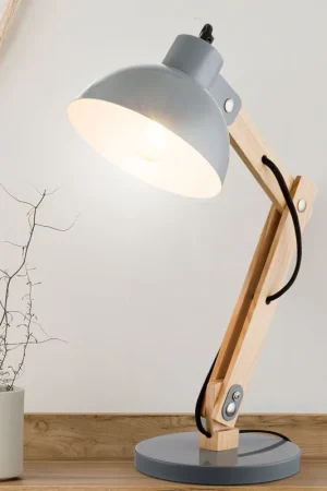 Tafellamp, hout, licht, metaal, grijs, 1,5 m snoer Seizoensaanbieding