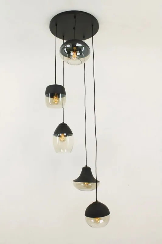 Charmante 5-lichts glazen hanglamp PHILOU zwart / amber fumé | Ronde plafondplaat 45 cm Bestel Nu