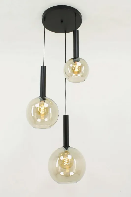 Glazen 3-lichts zwarte kokerhanglamp BALLS smoke fumé | Ronde plaat 35 cm Op = Op