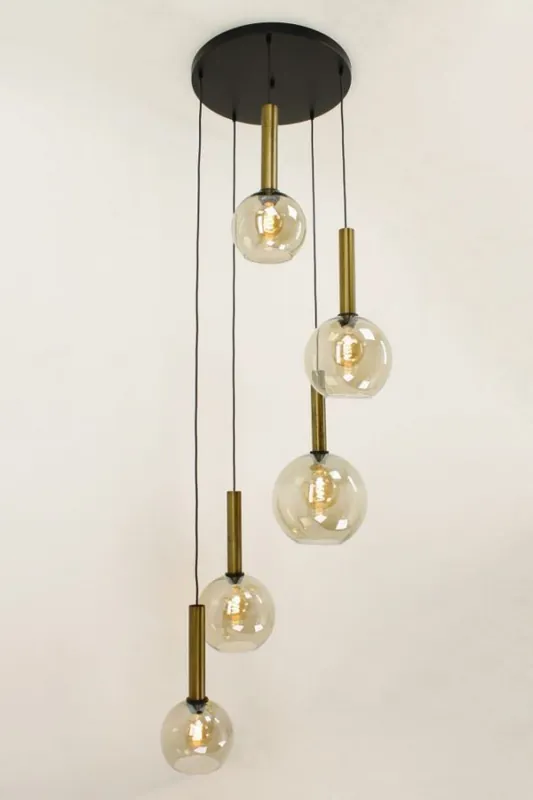 Glazen 5-lichts bronzen kokerhanglamp BALLS smoke fumé | Ronde plaat 50 cm Koopje