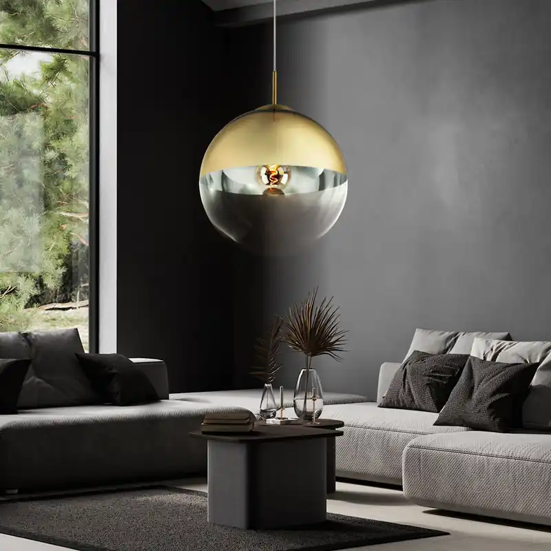 Bolvormige hanglamp, metaal glas, goud helder, D. 30 cm Dagaanbieding