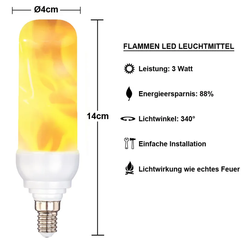 LED 3 watt lamp E14, 88 lumen, vlameffect, warm wit, DxH 14,7x4 cm Direct Verzonden