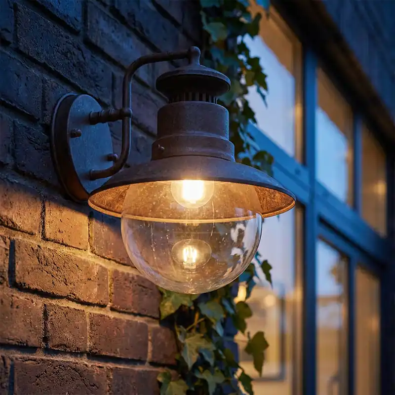 Premium Wandlamp voor buiten, staal, glazen kap, roestkleurig, lantaarn