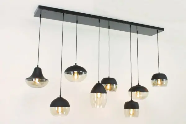 Finale Uitverkoop Charmante 8-lichts glazen hanglamp PHILOU zwart / amber fumé | Brede balk 160 cm