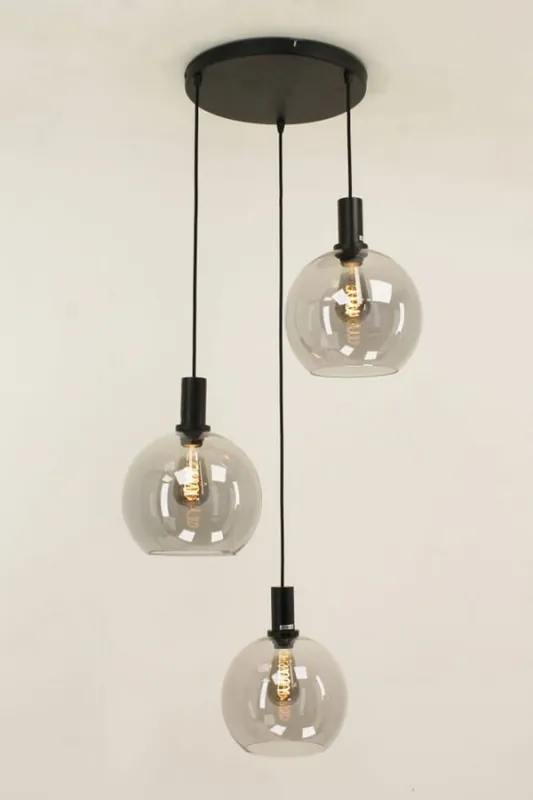 Hanglamp SONDRA licht smoke zwart op plaat Ø 35 cm | 3x glas Ø 25 cm Betrouwbaar