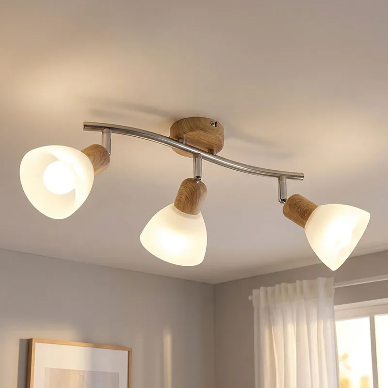 Hoge Kwaliteit LED plafondlamp, verstelbaar, houteffect, glas, B 40 cm