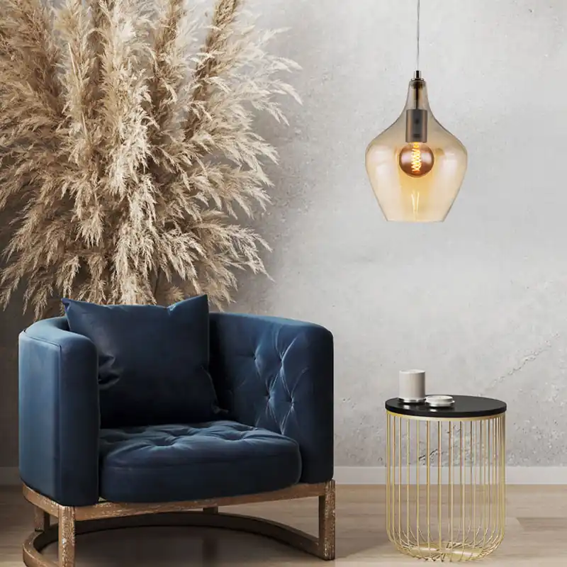 Hanglamp, zilver, amber glas, H 150 cm Betrouwbaar